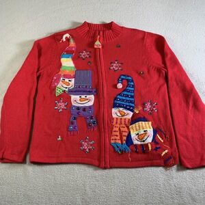 Tiara International Sweater Womens XL Red Snowman Full Zip Christmas Ugly